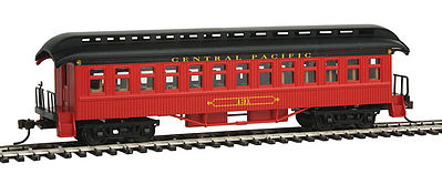 Con-Cor 15607 HO Scale 1880s Wood Open-Platform Coach - Ready to Run -- Central Pacific #131 (red, black)