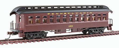 Con-Cor 15610 HO Scale 1880s Wood Open-Platform Coach - Ready to Run -- Pennsylvania Railroad #1263 (Tuscan, black Roof)