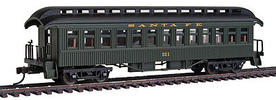 Con-Cor 15616 HO Scale 1880s Wood Open-Platform Coach - Ready to Run -- Santa Fe #221 (Pullman Green, black Roof)