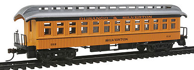 Con-Cor 15619 HO Scale 1880s Wood Open-Platform Coach - Ready to Run -- Durango & Silverton "Silverton" (yellow, orange)