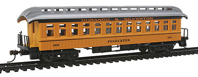 Con-Cor 15621 HO Scale 1880s Wood Open-Platform Coach - Ready to Run -- Durango & Silverton Pinkerton (yellow, orange)