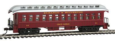 Con-Cor 15622 HO Scale 1880s Wood Open-Platform Coach - Ready to Run -- Durango & Silverton Cinco Animas (Tuscan, silver Roof)