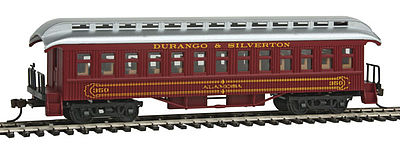 Con-Cor 15623 HO Scale 1880s Wood Open-Platform Coach - Ready to Run -- Durango & Silverton "Alamosa" (Tuscan, Silver Roof)