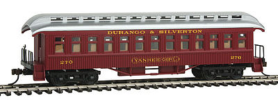 Con-Cor 15624 HO Scale 1880s Wood Open-Platform Coach - Ready to Run -- Durango & Silverton Yankee Girl (Tuscan, silver Roof)