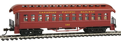 Con-Cor 15631 HO Scale 1880s Wood Open-Platform Coach - Ready to Run -- Canadian Pacific #122 (red)