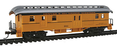 Con-Cor 15701 HO Scale 1880s Wood Open-Platform Baggage-RPO - Ready to Run -- Denver & Rio Grande Western #384 (yellow, silver Roof)