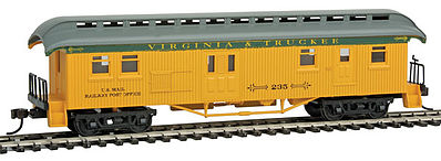 Con-Cor 15702 HO Scale 1880s Wood Open-Platform Baggage-RPO - Ready to Run -- Virginia & Truckee #235 (yellow, green, gray)