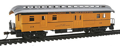 Con-Cor 15707 HO Scale 1880s Wood Open-Platform Baggage-RPO - Ready to Run -- Durango & Silverton #214 (yellow, orange)