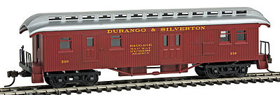 Con-Cor 15708 HO Scale 1880s Wood Open-Platform Baggage-RPO - Ready to Run -- Durango & Silverton #216 (Tuscan, silver Roof)