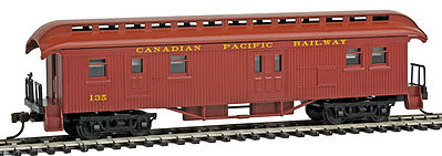 Con-Cor 15711 HO Scale 1880s Wood Open-Platform Baggage-RPO - Ready to Run -- Canadian Pacific #135 (red)