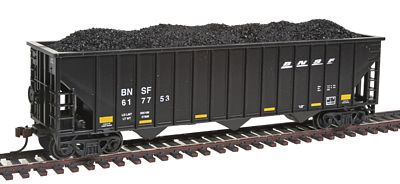 Con-Cor 19366 HO Scale Greenville 100-Ton 15-Panel 3-Bay Hopper w/Coal Load - Ready to Run -- BNSF Railway (black, yellow Conspicuity Markings, Wedge Logo)