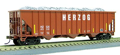 Con-Cor 19368 HO Scale Greenville 100-Ton 15-Panel 3-Bay Hopper w/Coal Load - Ready to Run -- Herzog (Boxcar Red, yellow Conspicuity Markings)