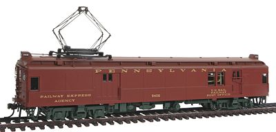 Con-Cor 194522 HO Scale Electric Powered mP54 MU Baggage-Mail w/Pantograph - Standard DC -- Pennsylvania Railroad (Pre-War Light Tuscan, Boxcar Red Roof, olive Trucks)