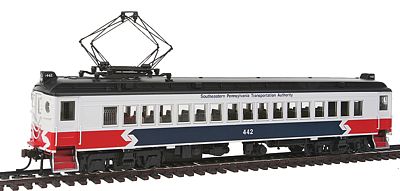 Con-Cor 194652 HO Scale Electric mP54 MU Coach w/Pantograph - Unpowered -- Southeastern Pennsylvania Trans. Authority SEPTA (white, red, blue)