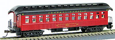 Con-Cor 223 HO Scale 1880s Wood Open-Platform Coach - Ready to Run -- Central Pacific #120 (red, black)