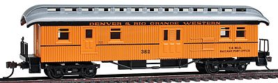 Con-Cor 321 HO Scale 1880s Wood Open-Platform Baggage-RPO - Ready to Run -- Denver & Rio Grande Western #383 (yellow, silver Roof)