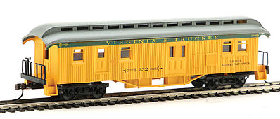 Con-Cor 322 HO Scale 1880s Wood Open-Platform Baggage-RPO - Ready to Run -- Virginia & Truckee #232 (yellow, green, gray)