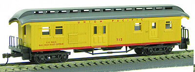 Con-Cor 325 HO Scale 1880s Wood Open-Platform Baggage-RPO - Ready to Run -- Union Pacific #715 (yellow, gray)