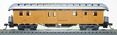 Con-Cor 327 HO Scale 1880s Wood Open-Platform Baggage-RPO - Ready to Run -- Durango & Silverton #212 (yellow, orange)