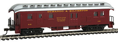 Con-Cor 328 HO Scale 1880s Wood Open-Platform Baggage-RPO - Ready to Run -- Durango & Silverton #215 (Tuscan, silver Roof)