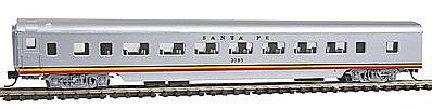 Con-Cor 40027 N Scale 85' Smooth-Side Coach - Ready to Run w/Micro-Trains(R) Couplers -- Santa Fe (Valley Flyer, silver, red, yellow, black)