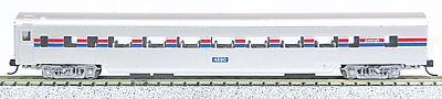Con-Cor 40029 N Scale 85' Smooth-Side Coach - Ready to Run w/Micro-Trains(R) Couplers -- Amtrak (Phase II, silver, Wide red & blue Stripes, white, No Logo)