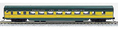 Con-Cor 40038 N Scale 85' Smooth-Side Coach - Ready to Run w/Micro-Trains(R) Couplers -- Chicago & North Western (yellow, green)