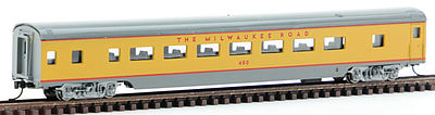 Con-Cor 40042 N Scale 85' Smooth-Side Coach - Ready to Run w/Micro-Trains(R) Couplers -- Milwaukee Road (Armor Yellow, gray)
