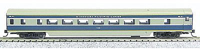 Con-Cor 40053 N Scale 85' Smooth-Side Coach - Ready to Run w/Micro-Trains(R) Couplers -- Missouri Pacific Eagle (gray, blue, silver)