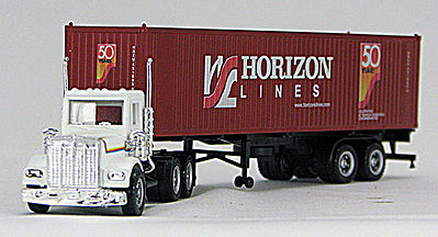 Con-Cor 4009615 HO Scale Freightliner Tractor w/Container on Chassis Trailer - Assembled -- White w/Horizon Lines 50th Anniversary Container