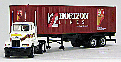 Con-Cor 4009616 HO Scale Kenworth T-600 Tractor w/Container on Chassis Trailer - Assembled -- White & Brown w/Horizon Lines 50th Anniversary Container
