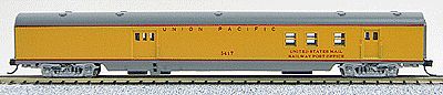 Con-Cor 40125 N Scale 85' Smooth-Side Railway Post Office - Ready to Run w/Micro-Trains(R) Couplers -- Union Pacific (Armour Yellow, gray)
