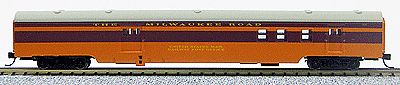 Con-Cor 40136 N Scale 85' Smooth-Side Railway Post Office - Ready to Run w/Micro-Trains(R) Couplers -- Milwaukee Road (Hiawatha, orange, maroon)