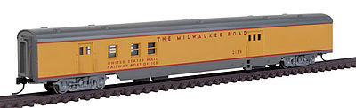 Con-Cor 40142 N Scale 85' Smooth-Side Railway Post Office - Ready to Run w/Micro-Trains(R) Couplers -- Milwaukee Road (Armour Yellow, gray)