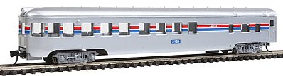 Con-Cor 40179 N Scale 85' Smooth-Side Observation - Ready to Run w/Micro-Trains(R) Couplers -- Amtrak (Phase II; silver, Wide red & blue Stripes, white, No Logo)