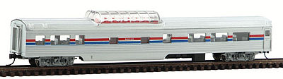 Con-Cor 40229 N Scale 85' Smooth-Side Mid-Train Dome - Ready to Run w/Micro-Trains(R) Couplers -- Amtrak (Phase II; silver, Wide red & blue Stripes, white; No Logo)