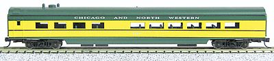Con-Cor 40288 N Scale 85' Smooth-Side Diner - Ready to Run w/Micro-Trains(R) Couplers -- Chicago & North Western (yellow, green)