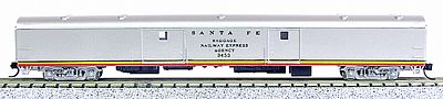 Con-Cor 40327 N Scale 85' Smooth-Side Full Baggage - Ready to Run w/Micro-Trains(R) Couplers -- Santa Fe (Valley Flyer, silver, red, yellow, black)