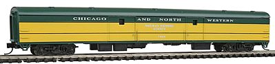 Con-Cor 40338 N Scale 85' Smooth-Side Full Baggage - Ready to Run w/Micro-Trains(R) Couplers -- Chicago & North Western (yellow, green)