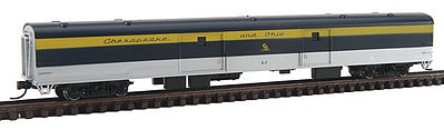 Con-Cor 40341 N Scale 85' Smooth-Side Full Baggage - Ready to Run w/Micro-Trains(R) Couplers -- Chesapeake & Ohio (blue, yellow, gray)