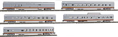 Con-Cor 40377 N Scale 85' Smooth-Side 5-Car Set - Ready to Run w/Micro-Trains(R) Couplers -- Santa Fe (Valley Flyer, silver, red, yellow, black)