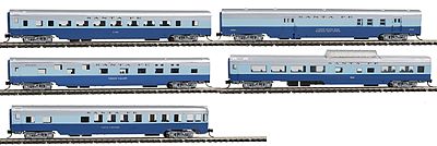 Con-Cor 40402 N Scale 85' Smooth-Side 5-Car Set - Ready to Run w/Micro-Trains(R) Couplers -- Santa Fe (Blue Goose, 2-Tone Blue, silver)