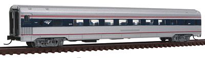 Con-Cor 41270 N Scale Budd 85' Fluted-Side Coach - Ready to Run -- Amtrak #5879 (Phase IVb, silver, Wide blue & Thin red Stripe, Wave Logo)