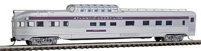 Con-Cor 41382 N Scale Budd 85' Corrugated-Side Dome-Observation - Ready to Run -- Atlantic Coast Line (silver, purple Letterboard)
