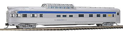 Con-Cor 41388 N Scale Budd 85' Corrugated-Side Dome-Observation - Ready to Run -- VIA Rail Canada (silver, blue, yellow)