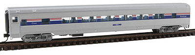 Con-Cor 41486 N Scale Budd 85' Corrugated-Side Twin-Window Coach - Ready to Run -- Amtrak (Phase IV, silver, blue, red)