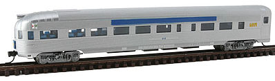 Con-Cor 41513 N Scale Budd 85' Corrugated-Side Round-End Observation - Ready to Run -- VIA Rail Canada (silver, blue, yellow)