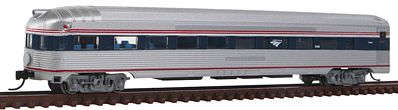 Con-Cor 41518 N Scale Budd 85' Fluted-Side Round-End (Boat Tail) Observation - Ready to Run -- Amtrak #3342 (Phase IVb, silver, Wide blue & Thin red Stripe, Wave Logo)