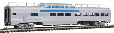 Con-Cor 41538 N Scale Pullman-Standard 85' Corrugated-Side Pleasure Dome - Ready to Run -- VIA Rail Canada (silver, blue, yellow)