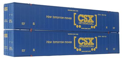 Con-Cor 488007 HO Scale 53' Sheet/Post Rivet Side Container -- CSX Transportation Containers Set #2 (blue, yellow; Boxcar Logo) pkg(2)